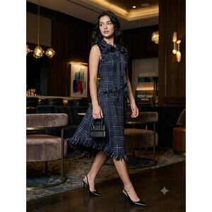 Mereci Coquette Tweed Dress XS Navy Blue Metallic Gold Fringe Ribbon Clean Girl